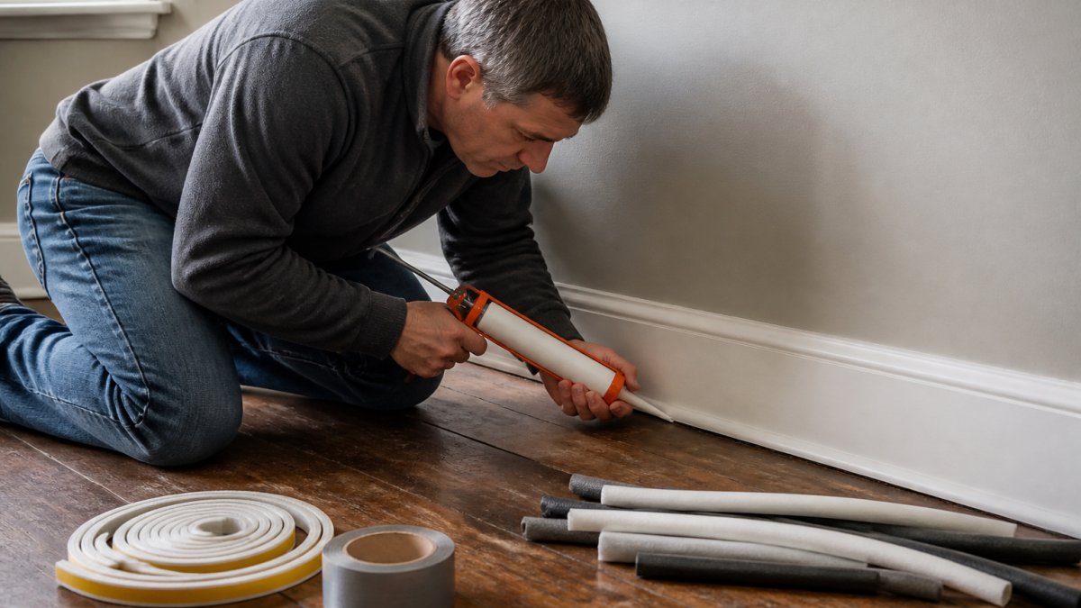 A homeowner kneeling by a baseboard in an older home, applying caulk along a visible gap where the wall meets the floor, with a caulk gun and weatherstripping materials nearby