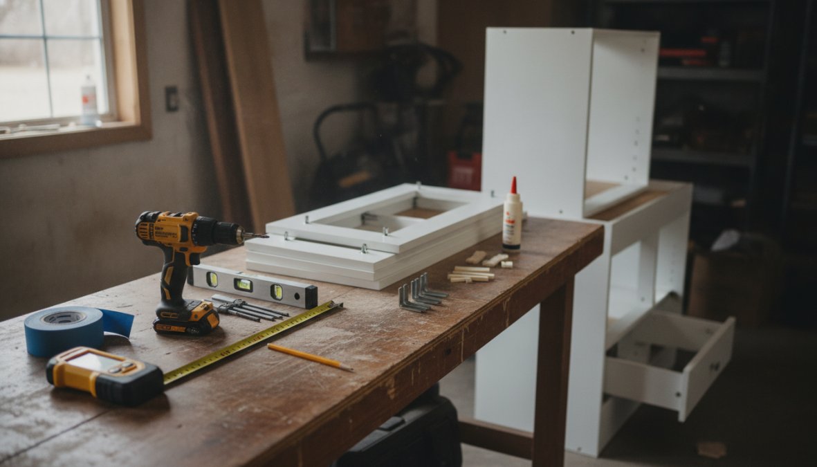 Close-up of homeowner's hands using a level and wooden shims to align a wall-mounted kitchen cabinet, with a cordless drill and stud finder visible on the work surface below