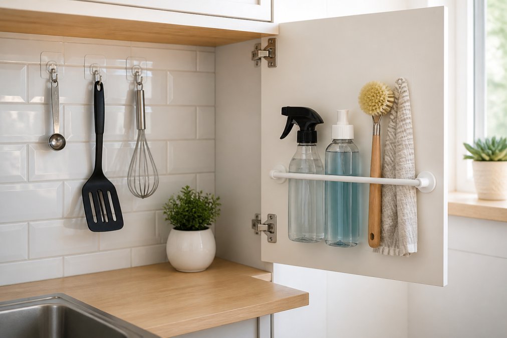 Close-up of a small, tidy kitchen wall with adhesive hooks holding utensils and a tension rod mounted inside a cabinet door holding cleaning supplies, bright natural lighting
