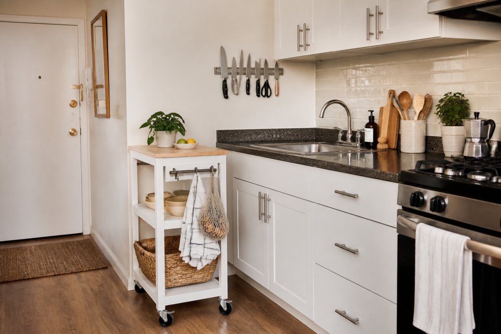 A compact apartment kitchen with a rolling utility cart beside the counter, over-the-door hooks on a cabinet, and a magnetic knife strip on the wall, organized and clutter-free