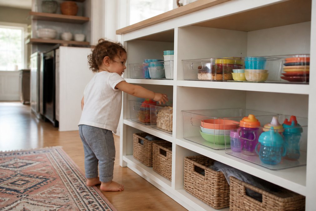 A toddler reaching for snacks on a low kitchen shelf featuring organized bins and kid-friendly kitchen organization hacks.