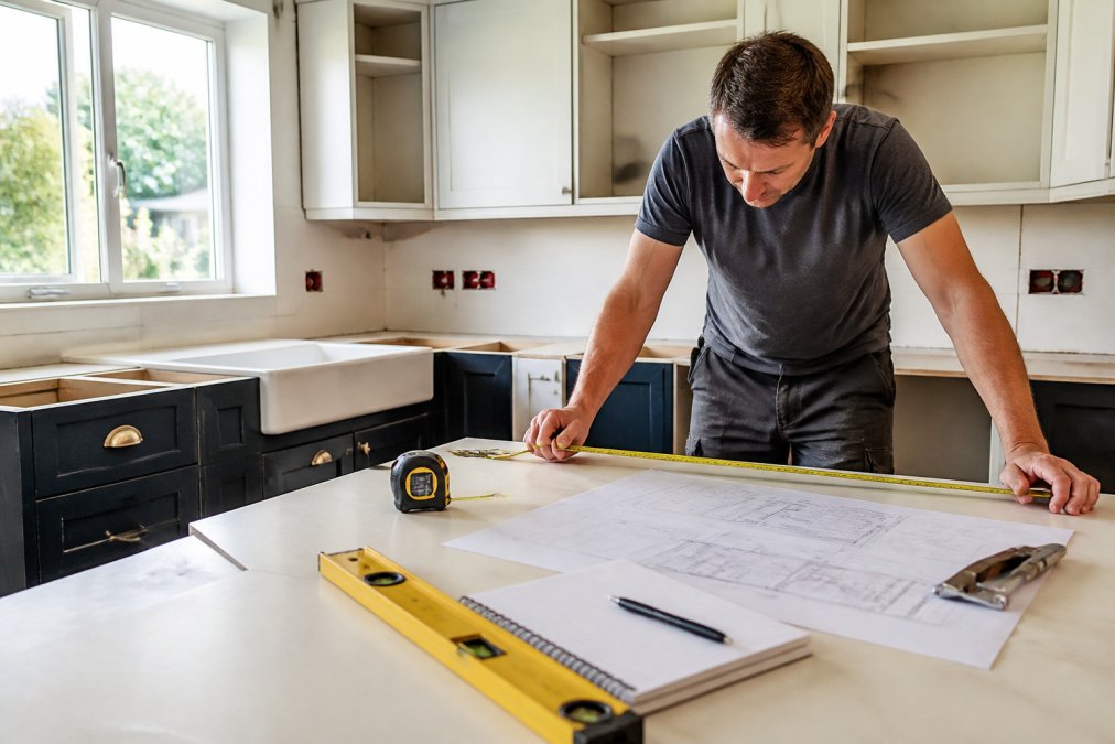 Homeowner measuring kitchen space with tape measure, floor plan and notepad on countertop, natural daylight from window, kitchen cabinets visible in background