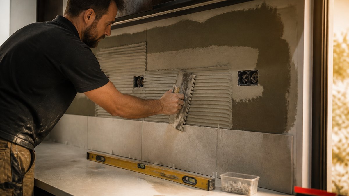 Close-up of a tiler's hands using a notched trowel to spread adhesive on a kitchen wall above a benchtop, with a spirit level and spacers nearby