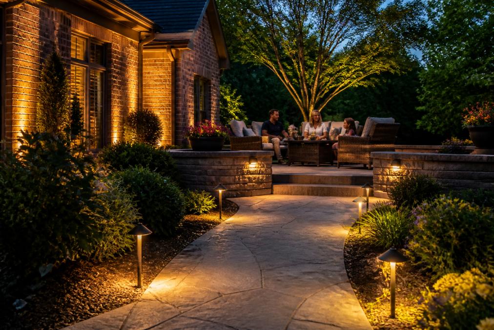 Family relaxing on a patio with landscape lighting design illuminating the stone walkway and brick home exterior at dusk.