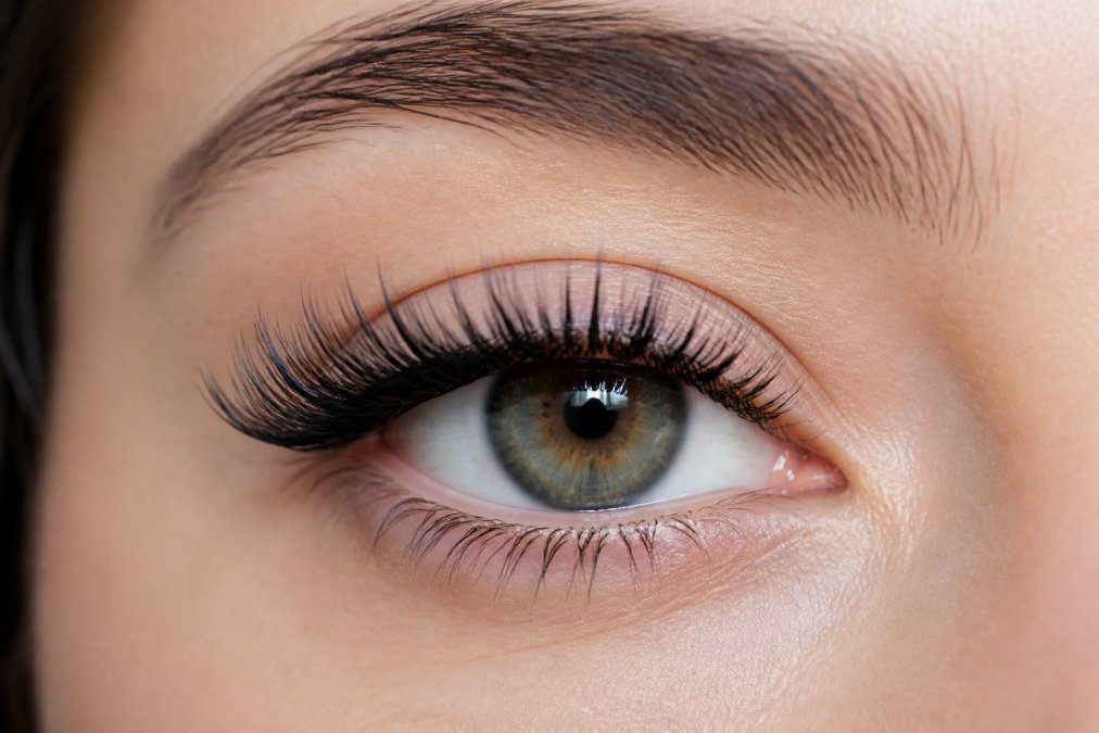 Close-up of person's eye with lash clusters applied, showing proper placement distribution across inner corner, middle lash line, and outer corner with clear visibility of different lash lengths and density zones