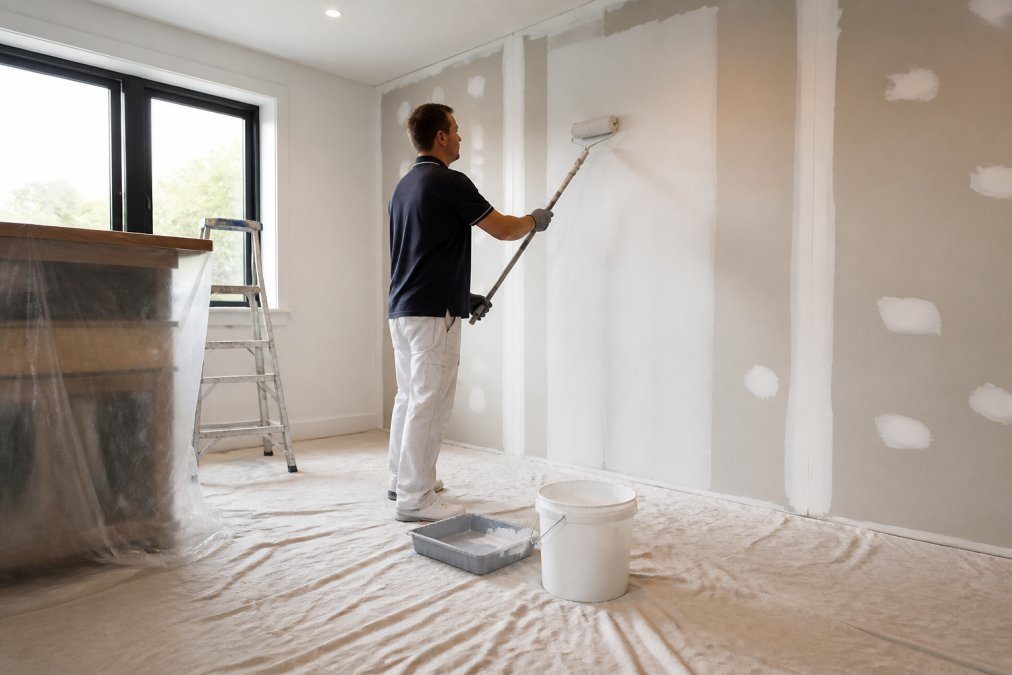 Person using a roller to apply primer to a drywall surface in a bright, well-ventilated room with drop cloths protecting the floor and furniture