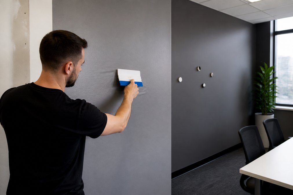 A professional installer smoothing magnetic wallcovering onto a drywall surface using a squeegee in a modern office environment, with completed sections visible in the background