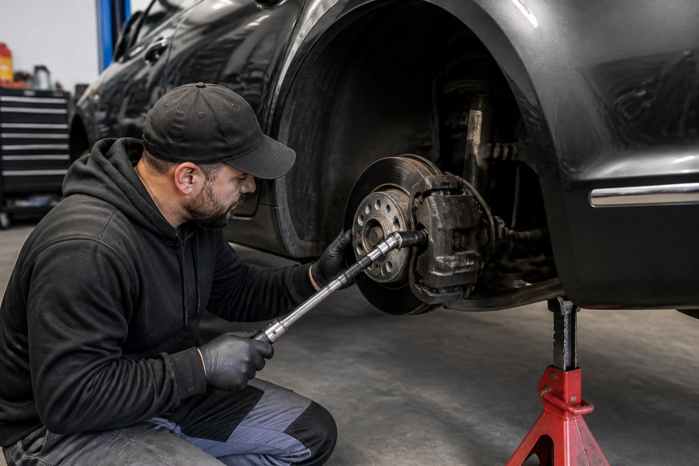 Mechanic using a torque wrench on a Volkswagen brake caliper for DIY maintenance tips for Volkswagen owners.