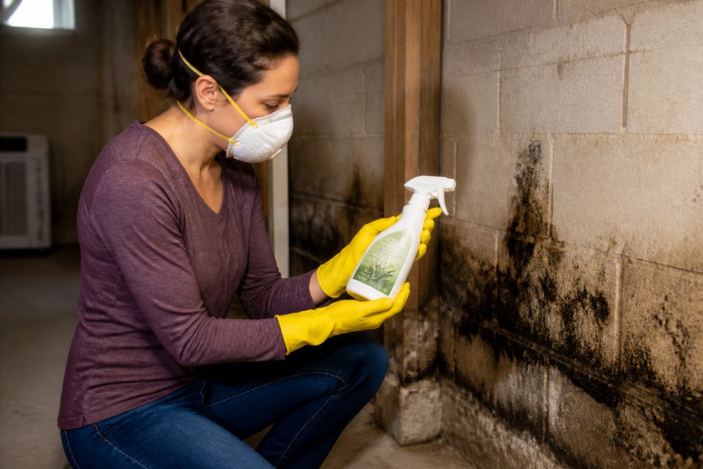 Homeowner wearing protective gear examines botanical mold remediation alternatives in a damp basement
