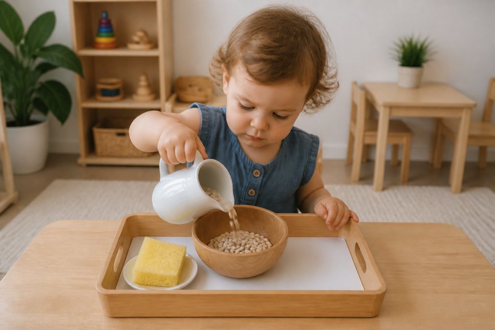 Step-by-step diagram illustrating the process of pouring and transferring beans to develop toddler motor skills