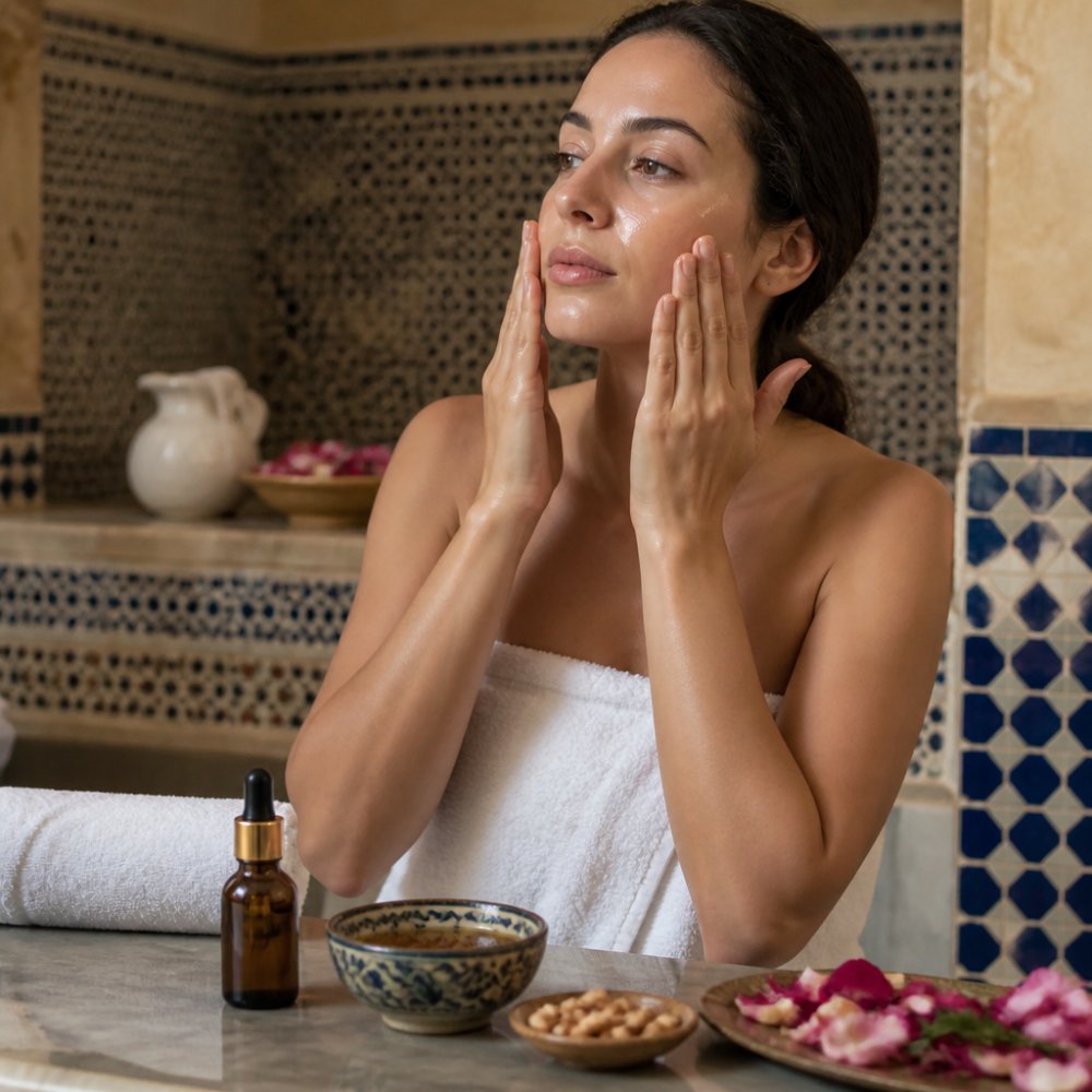 Close-up of hands applying argan oil to face during evening skincare ritual, with natural lighting and Moroccan-inspired spa elements like rose petals and a clay bowl on marble surface nearby