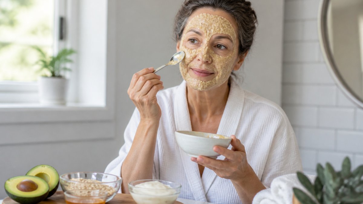 A woman in her fifties applying a homemade oatmeal and honey face mask with a small spoon in a bright bathroom, fresh ingredients like avocado and yogurt visible on the counter beside her