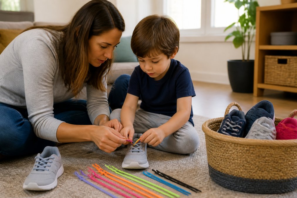 Parent and young child threading colorful no tie shoelace elastic cords into a sneaker in a living room