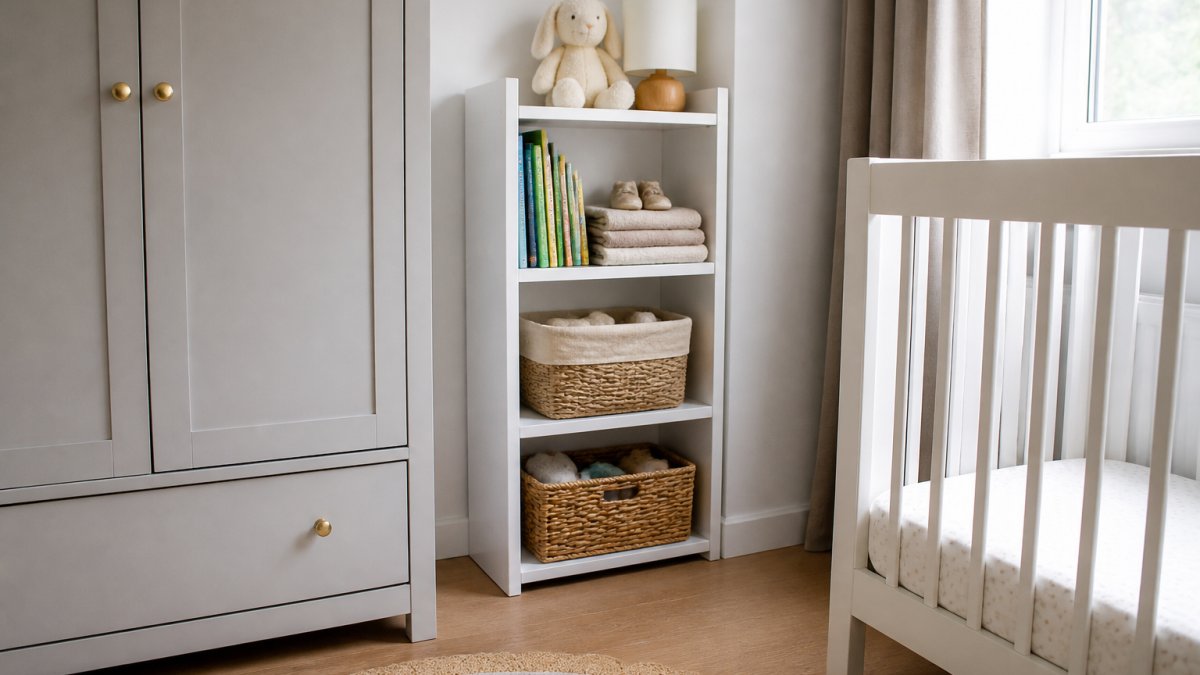 A compact nursery corner with a slim white three-tier bookshelf tucked between a wardrobe and the wall, a cot visible to one side, soft daylight from a window, wooden floor mostly clear