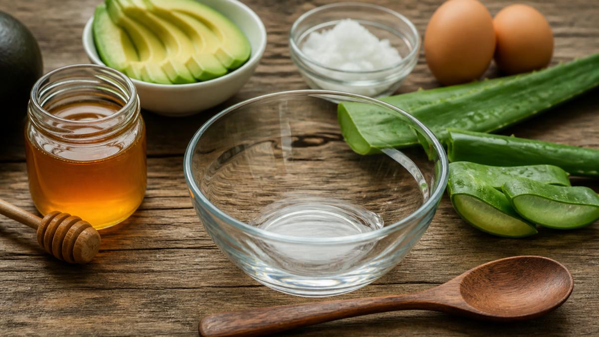 Close-up of natural ingredients arranged on a wooden surface: sliced avocado, raw honey in a small glass jar, coconut oil, fresh aloe vera leaf, eggs, and a wooden spoon with a glass mixing bowl