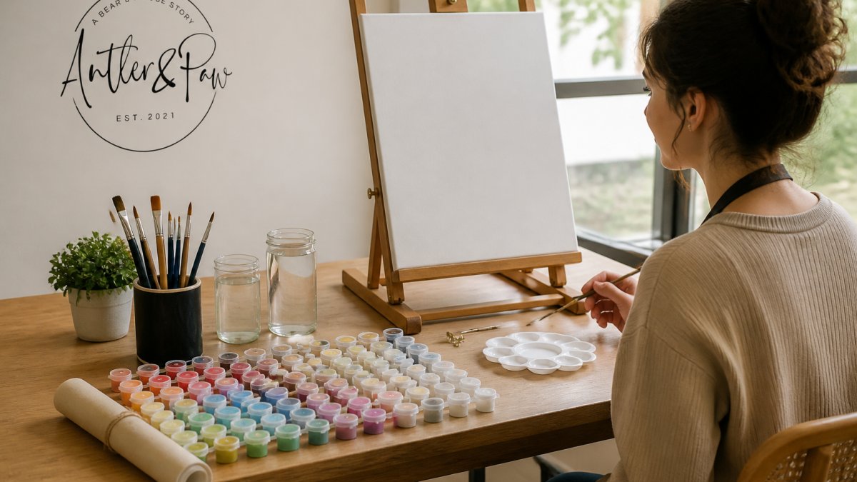 Step-by-step diagram showing how to set up DIY painting kits for beginners on a wooden workspace with art supplies.
