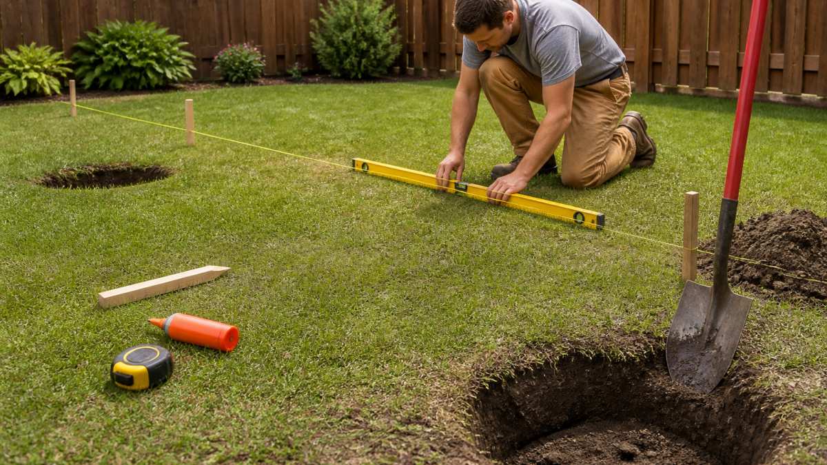 Homeowner using a string line and level to mark post hole locations for a backyard project
