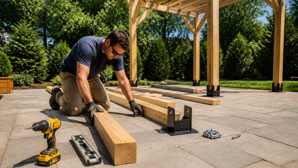 Homeowner kneeling on a patio to assemble a wooden pergola frame using a drill and level tools.