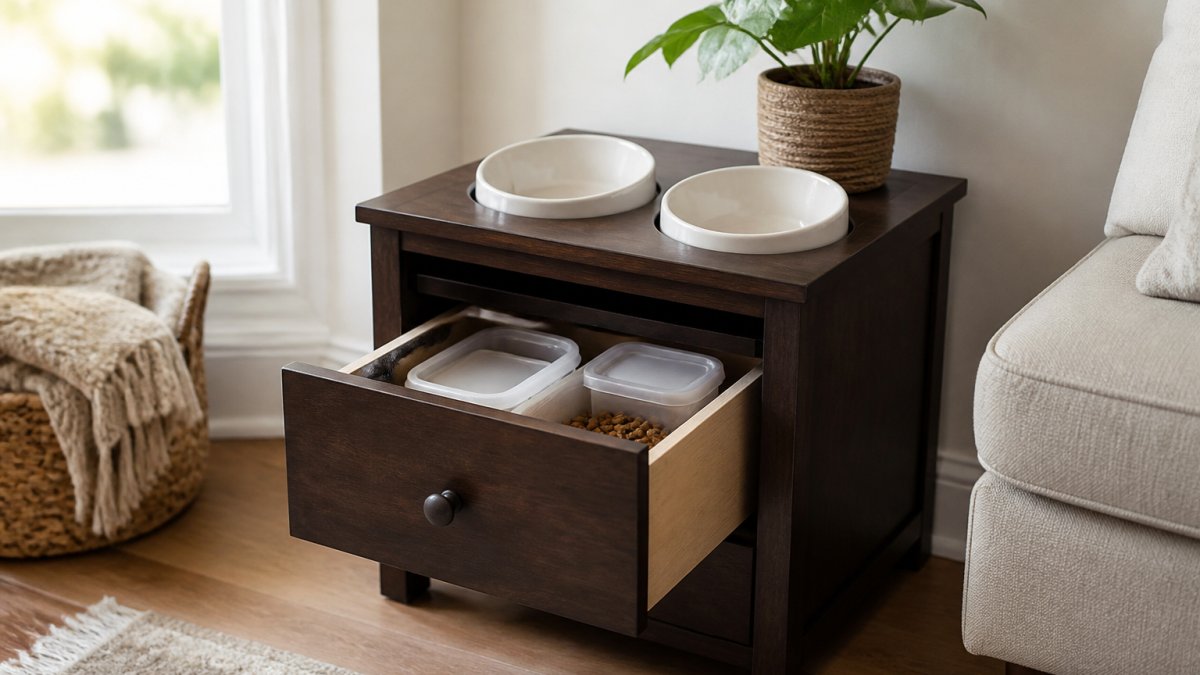 Infographic showing the step-by-step conversion of a nightstand into an organized pet feeding station.