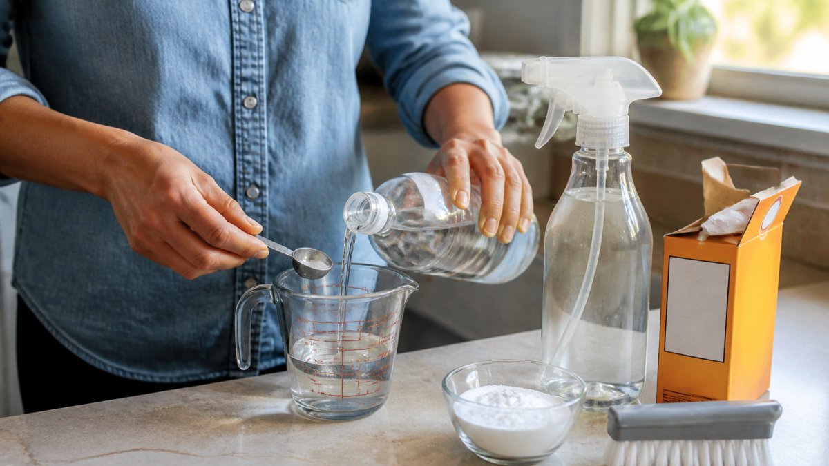 Close-up of household ingredients arranged on a kitchen counter, white vinegar bottle, open box of baking soda, spray bottle, measuring cup, and stiff brush, with natural morning light from a window
