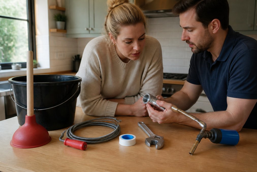 Close-up of essential plumbing tools arranged neatly on a clean kitchen counter: red plunger, adjustable wrench, drain snake, bucket, plumber's tape, and torch with natural morning light streaming across the surface