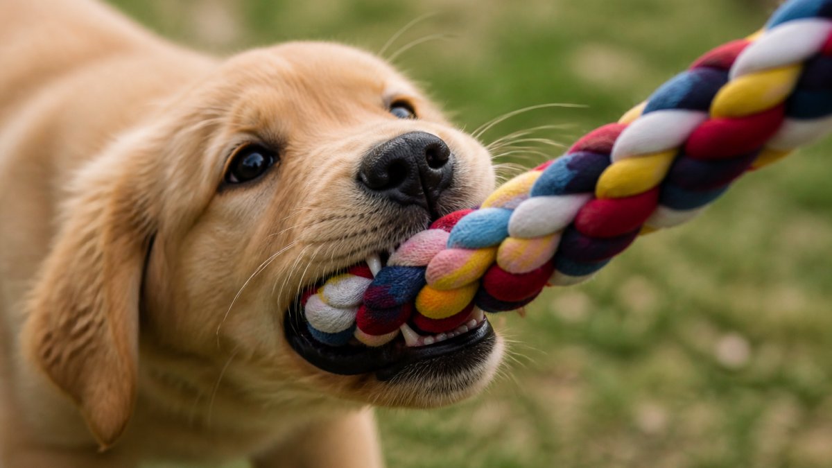 Close-up of a puppy's mouth gripping a colourful braided T-shirt tug toy, showing the toy's tight knots and woven texture clearly in natural daylight