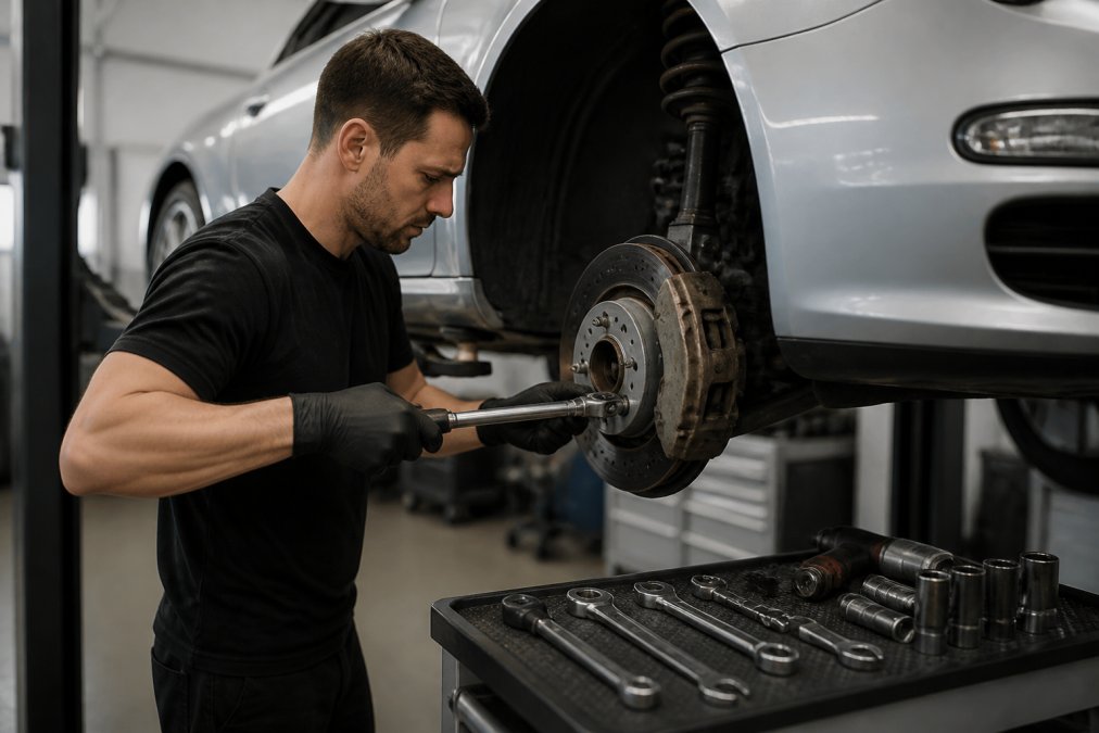 A person in a garage working under a lifted Porsche 911, using a torque wrench on a brake caliper, with tools organized on a nearby workbench