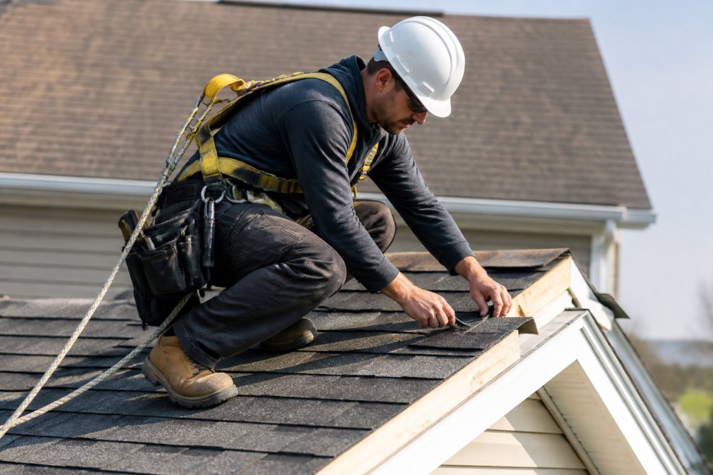 Professional roofer in full safety harness and hard hat working on residential roof pitch during daylight, with safety equipment visible and proper stance