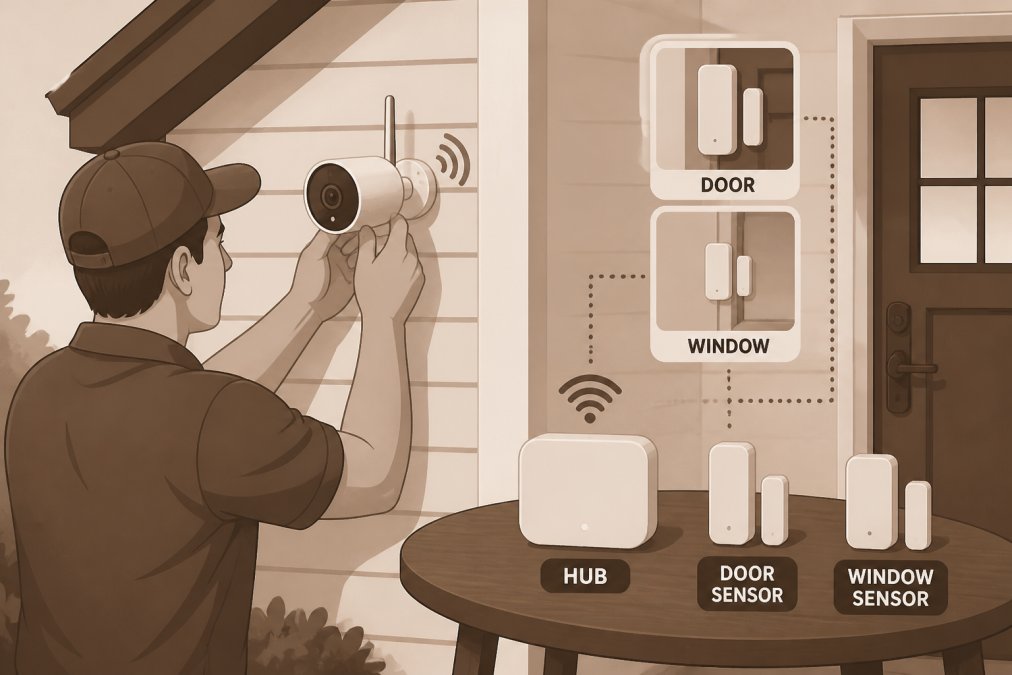 Homeowner installing a wireless security camera on the exterior of a house, with a hub and entry sensors visible on a nearby table
