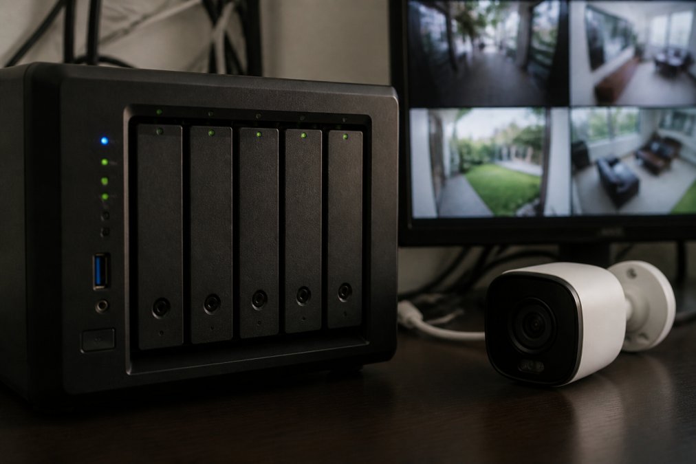 Close-up of a network-attached storage (NAS) device with multiple hard drive bays and cables, with a security camera feed displaying on a nearby monitor
