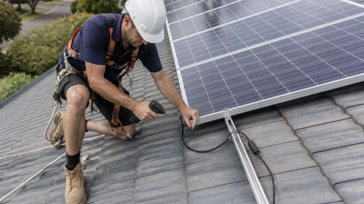Professional installer in safety gear inspecting mounts for a DIY solar installation on a residential roof.