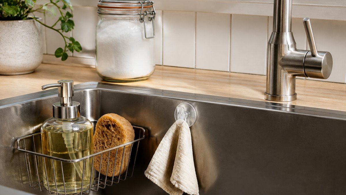 A close-up of a tidy kitchen sink corner with a small wire basket holding a sponge and dish soap, a folded dishcloth hanging from a suction hook on the sink edge, and a clear glass jar of baking soda nearby, in a bright Scandinavian-style kitchen