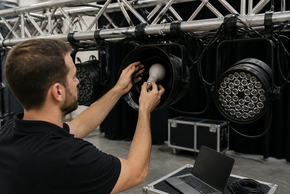 Technician installing smart bulbs into par cans for diy stage lighting with smart bulbs, shown in a setup diagram.