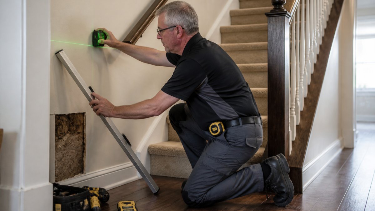 Professional technician using laser level and measuring tools to assess staircase geometry, examining wall structure for mounting suitability, checking for moisture damage and structural integrity with specialized equipment