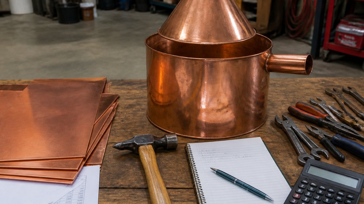 Copper sheet metal and tools on a workbench for diy still vs professional construction projects in a garage.