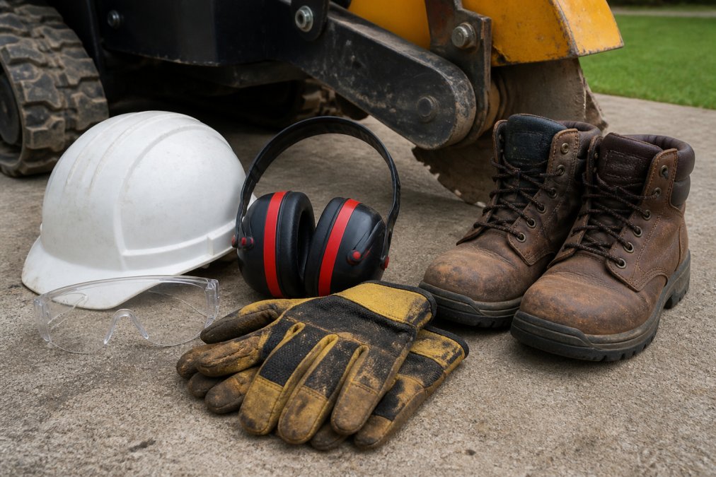 Close-up of safety gear laid out on a workbench including hard hat, safety glasses, ear defenders, heavy-duty work gloves and steel-capped boots on a concrete surface