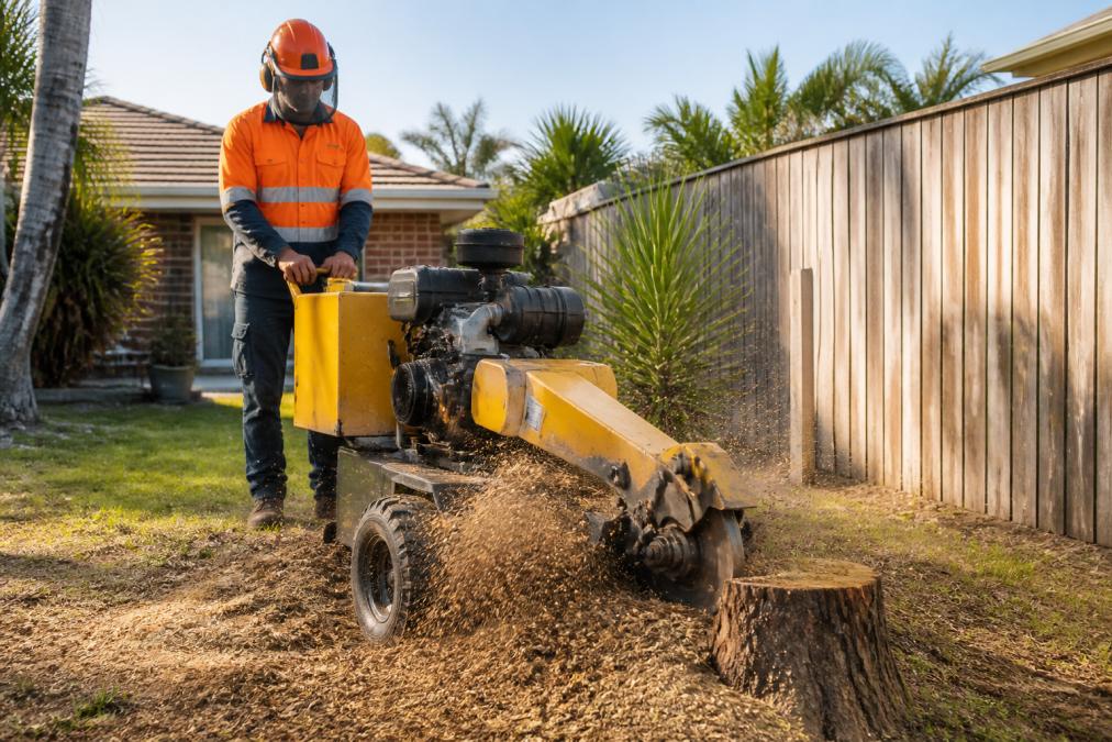 Operator wearing full safety gear using a stump grinder on a residential tree stump in a backyard, showing the machine in action with wood chips flying and afternoon sunlight illuminating the work area