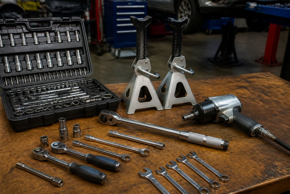 Organized workbench displaying hand tools, socket set, torque wrench, jack stands, and pneumatic impact wrench ready for supercharger installation