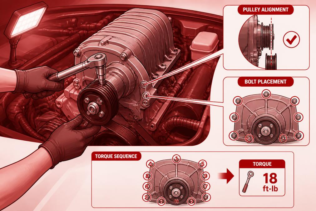 Mechanic's hands working on engine bay with supercharger components, showing proper pulley alignment and bolt placement with torque wrench under bright work light