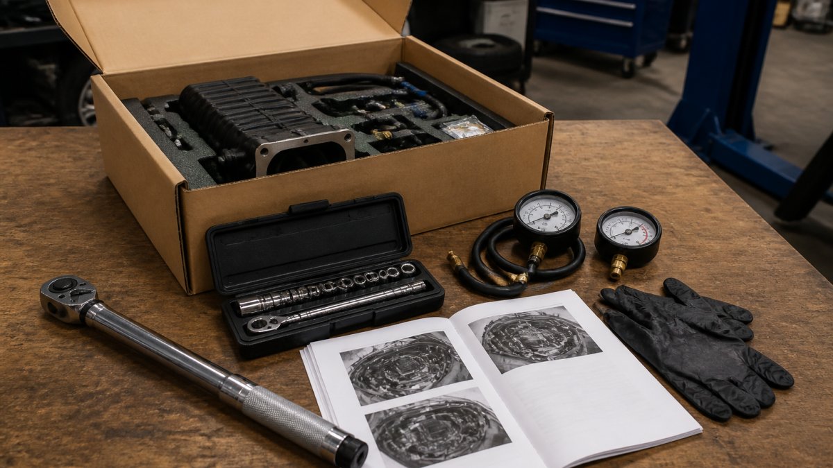A home garage workbench laid out with a torque wrench, socket set, vacuum gauge, fuel pressure gauge, nitrile gloves, and a printed installation manual next to an open supercharger kit box, lit by overhead shop lights