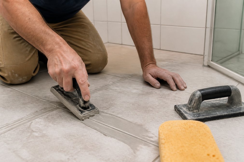 Homeowner using a rubber applicator to apply a grout repair kit to bathroom tile joints with tools nearby