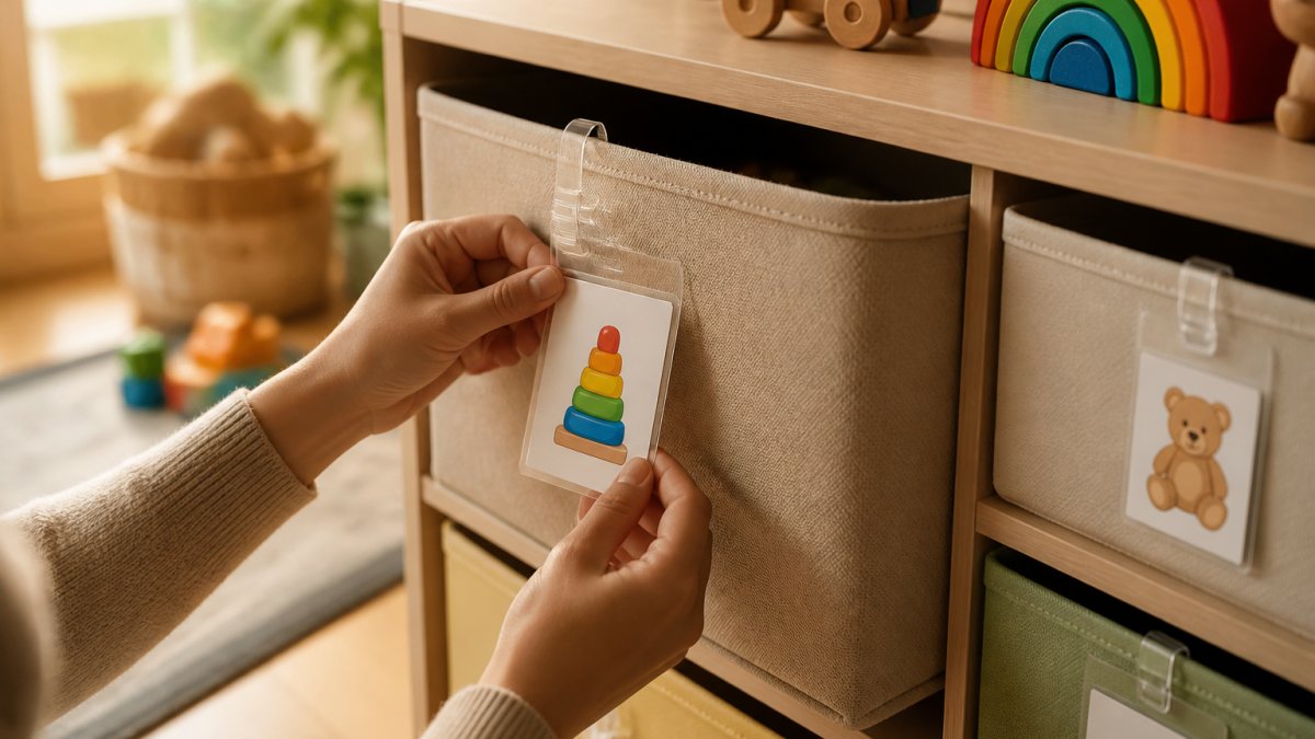 Parent attaching a laminated picture label to a fabric storage bin in a tidy playroom