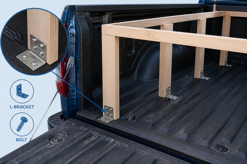 Close-up of truck bed with partially assembled wooden storage frame, showing mounting brackets securing vertical supports to the bed floor, stainless steel hardware visible, natural daylight illuminating the construction