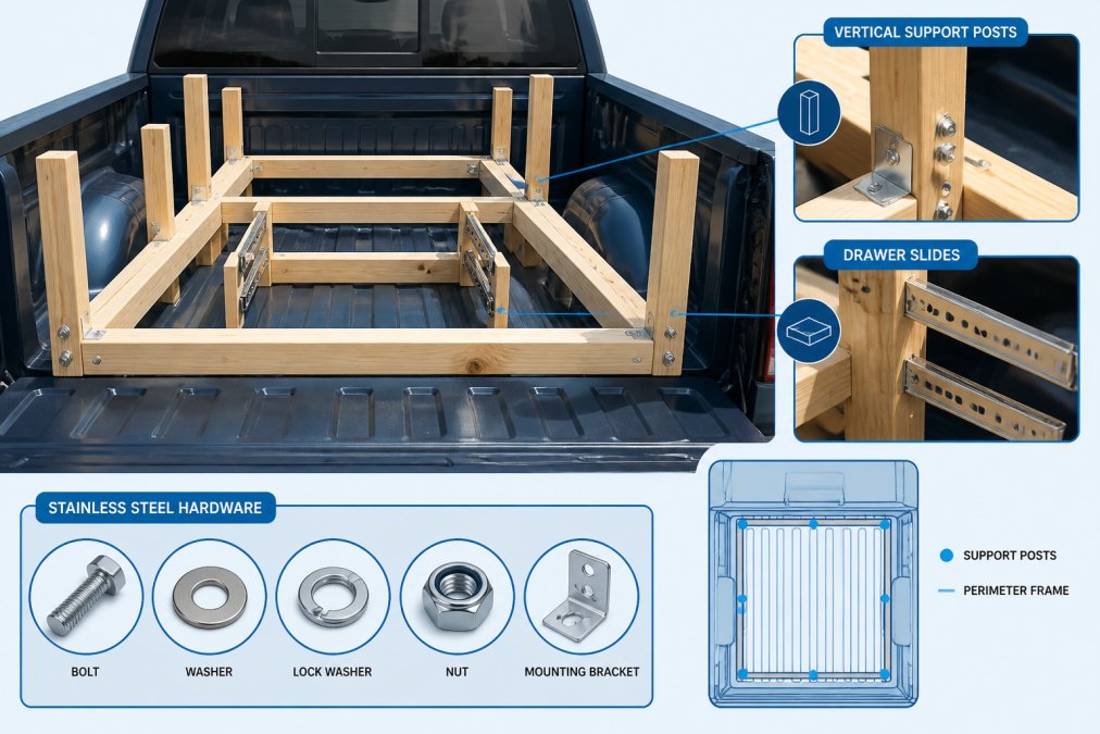 Truck bed with wooden storage frame assembly in progress, showing vertical support posts bolted to perimeter frame, drawer slides mounted on interior vertical supports, stainless steel bolts and mounting brackets visible, morning sunlight casting shadows across the wood