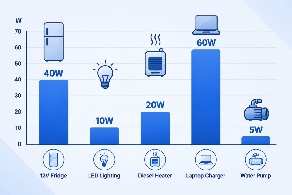 Bar chart comparing typical appliance power consumption: 12V fridge 40W, LED lighting 10W, diesel heater 20W, laptop charger 60W, water pump 5W
