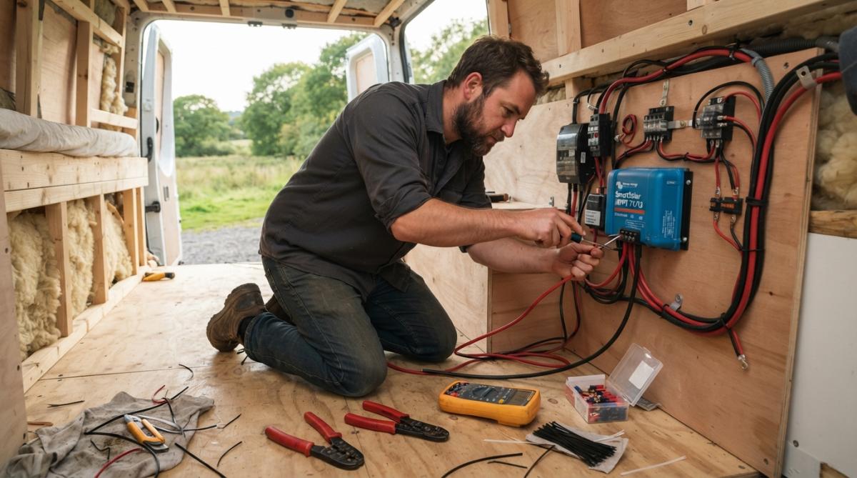Van builder connecting cables to a solar charge controller as part of a DIY van solar system wiring guide.