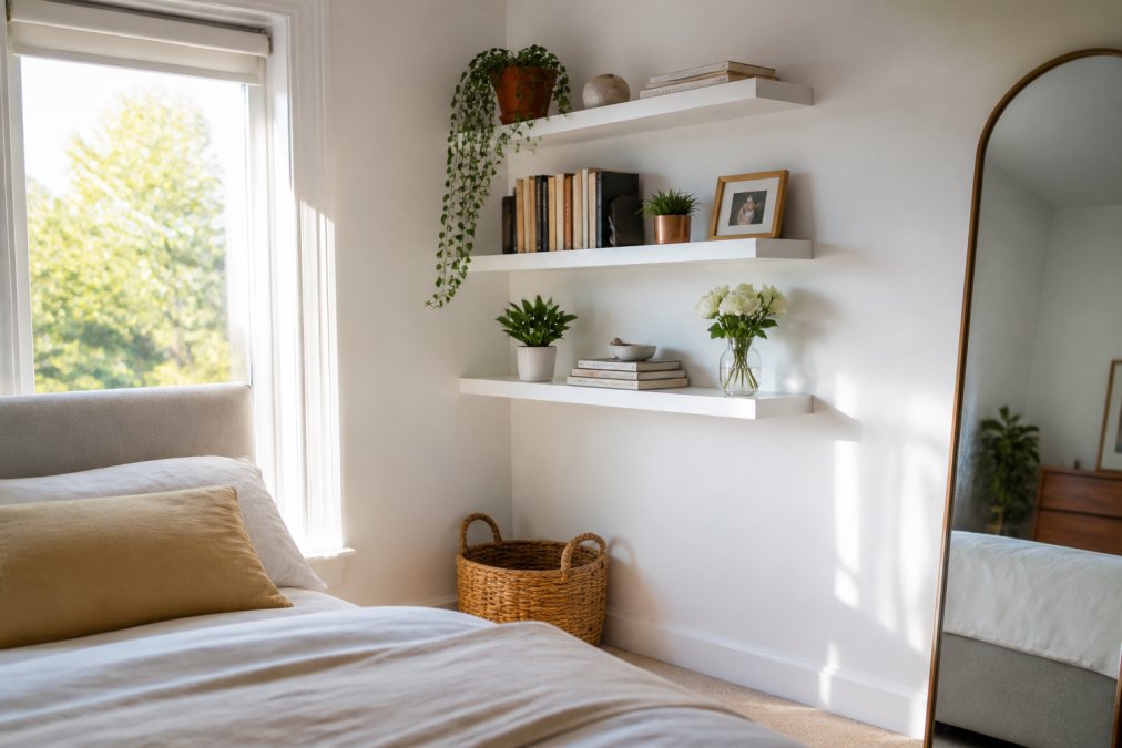 Small bedroom corner with white floating shelves holding books, plants, and decorative items, morning light from a window highlighting the clutter-free wall space and open floor area below