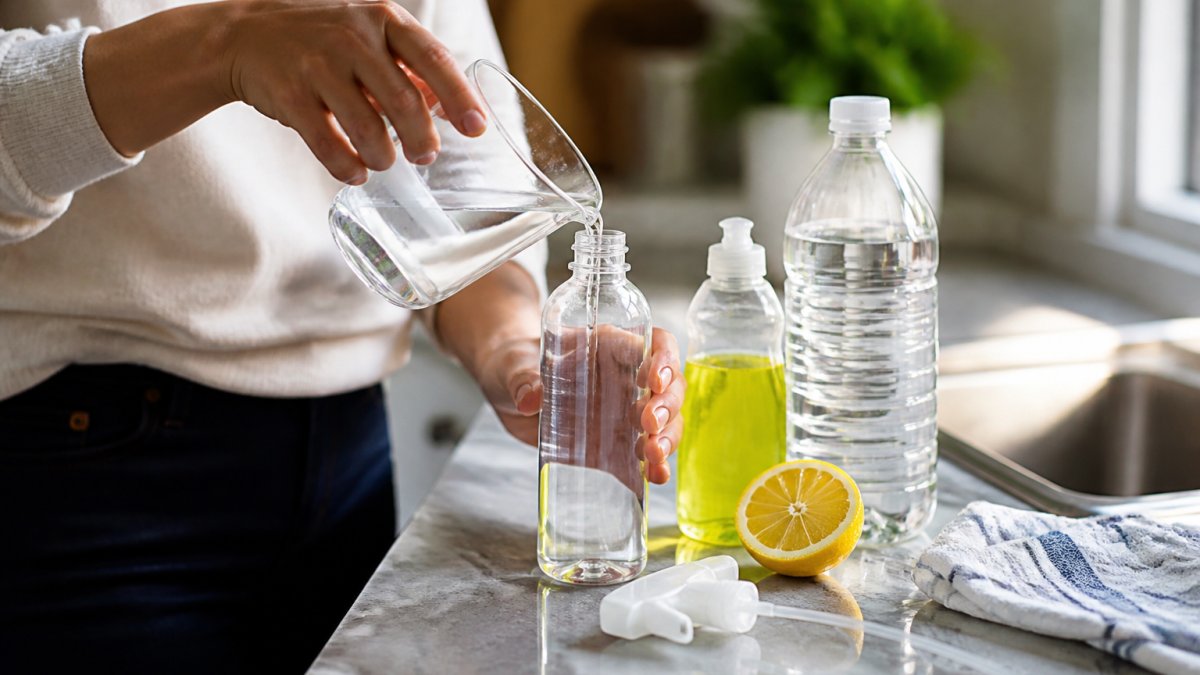 A person's hands mixing white vinegar and water in a clear spray bottle on a kitchen counter, with a lemon and a bottle of dish soap nearby in bright natural light