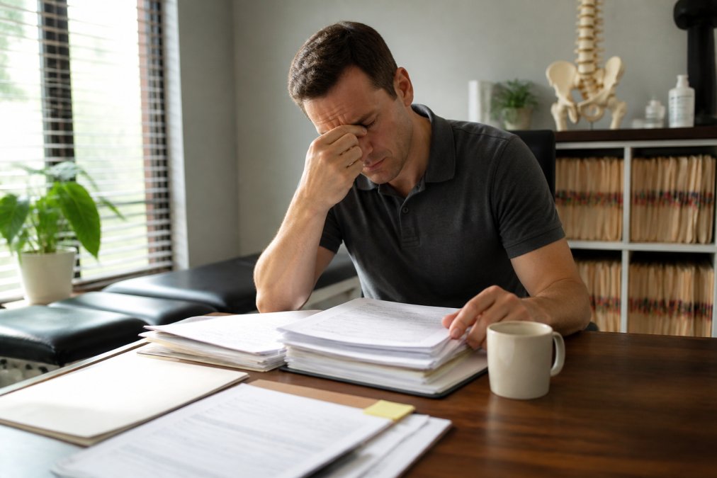 Busy chiropractor at desk looking stressed while managing website updates on laptop, with patient files and appointment schedules visible in background, natural office lighting