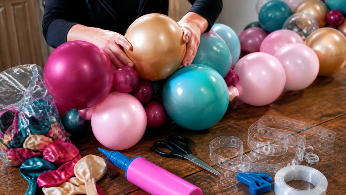 Hands assembling a balloon garland on a work table with various colored balloons, balloon strip, scissors, pump, and decorating tools spread across the surface